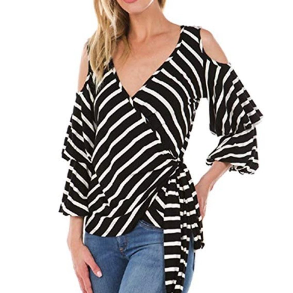 Women's Cold Shoulder Wrap Top with Bell Sleeves